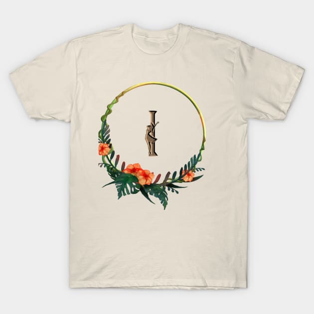 Tropical flowers on a circle frame around letter I and girl figure T-Shirt by junochaos